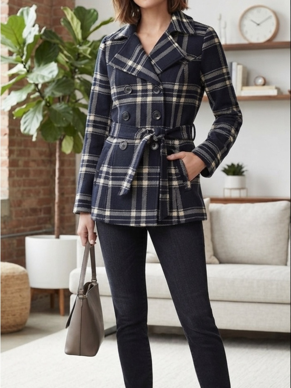 BONGO Black & White Plaid Double-Breasted Peacoat with Belt